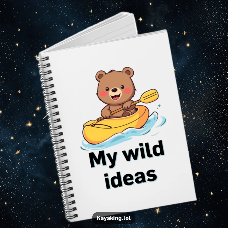 Funny Bear Notebook: Smiling bear in a bright kayak, designed for jotting down ideas with cheerful outdoor themes.