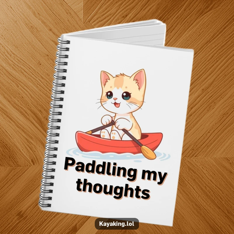 Funny Kitten Kayak Notebook showing a happy kitten paddling a tiny red kayak, ideal for jotting down funny thoughts.
