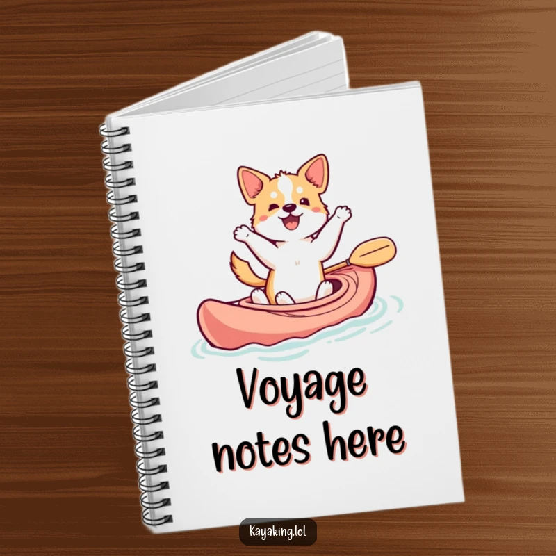 Funny dancing dog notebook with a dog bobbing in a kayak, tail wagging, a gift for adventurers.