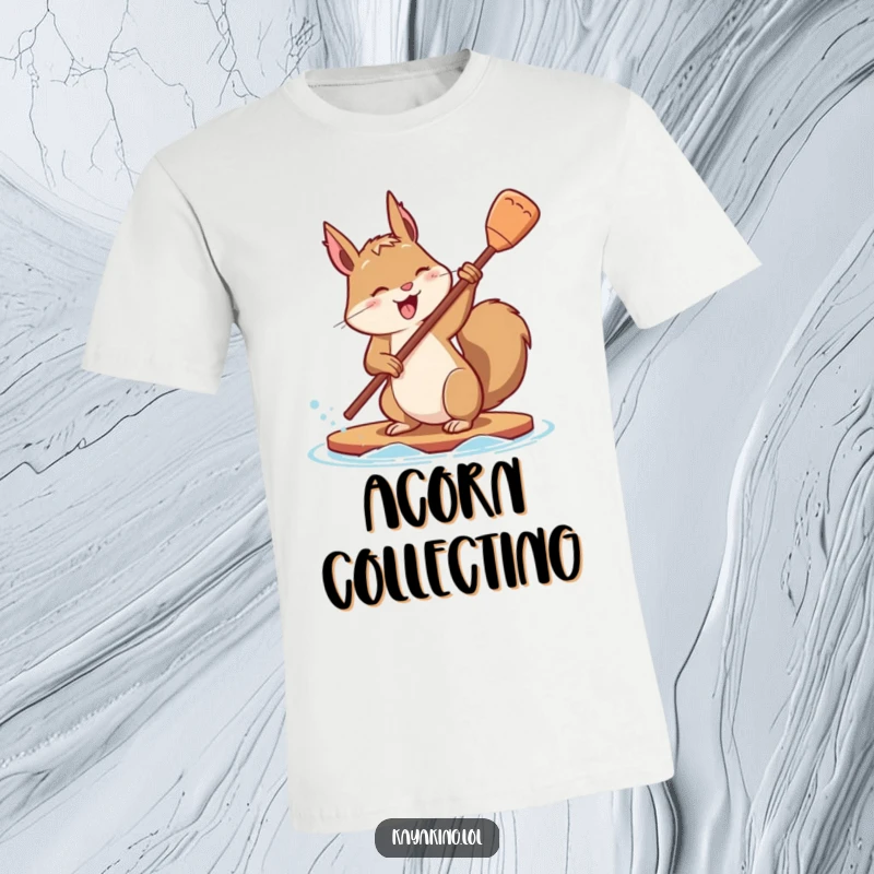 Funny T-shirt depicting a determined squirrel mid-action, flipping its paddle with playful effort, radiating focus and fun.