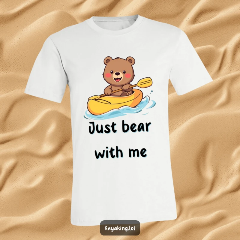 Funny Bear T-Shirt: Smiling bear waving from a colorful kayak, embodying cheerful adventure and outdoor spirit.