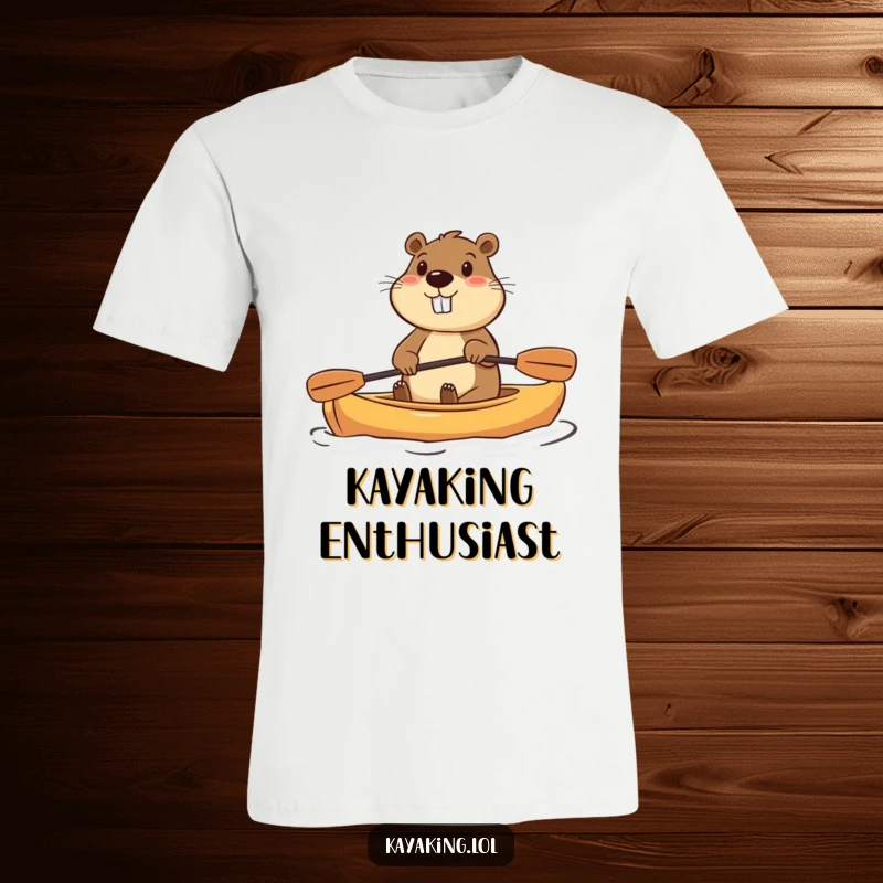 Funny t-shirt featuring a determined beaver paddling a small kayak with great enthusiasm, embodying a can-do spirit.