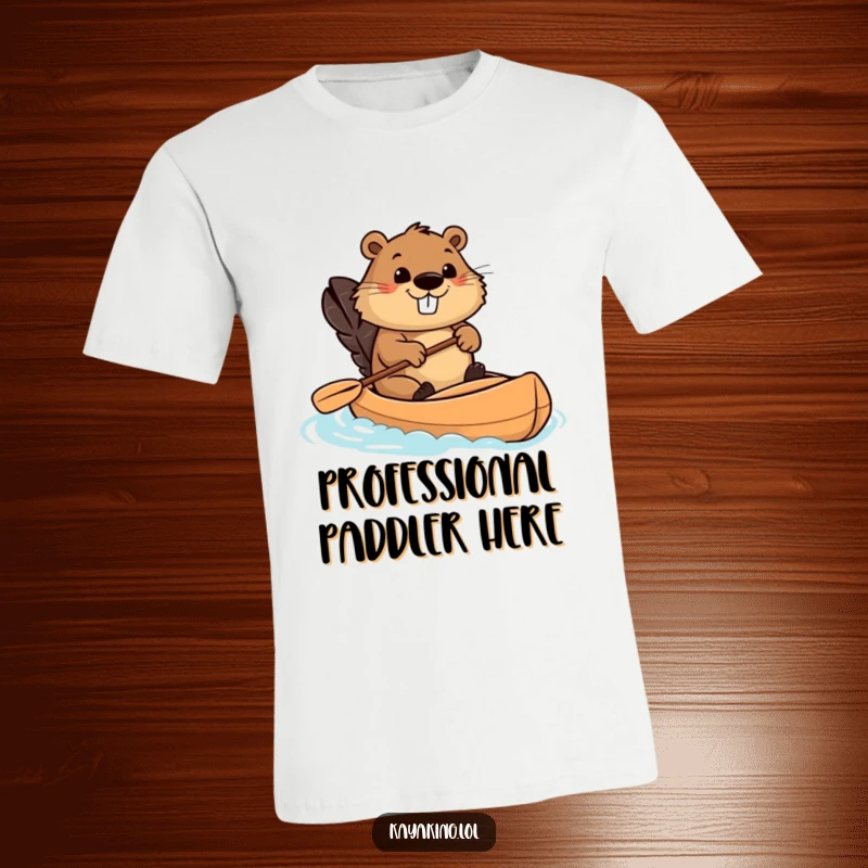 Funny beaver kayak t-shirt showing a smiling beaver paddling a kayak with intense focus, a humorous outdoor adventure shirt.
