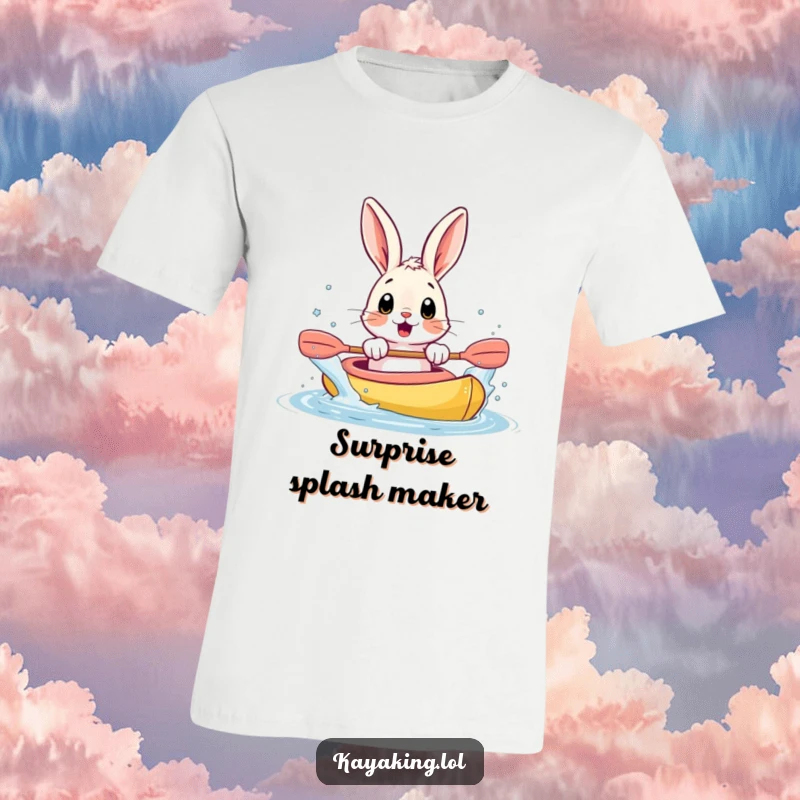 Funny t-shirt featuring a surprised bunny splashing water from a kayak with its paws, capturing a moment of playful chaos.