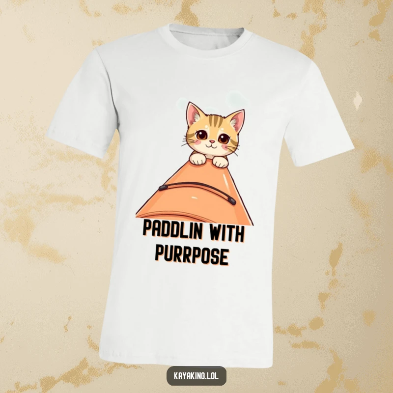 Funny t-shirt with a curious cat peeking over the edge of a kayak, embodying a sense of wonder and aquatic exploration.