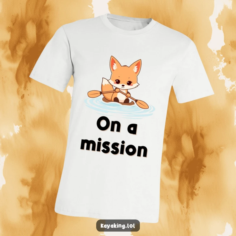 Funny fox t-shirt depicting a determined animal vigorously paddling a kayak through calm waters, symbolizing drive and perseverance.