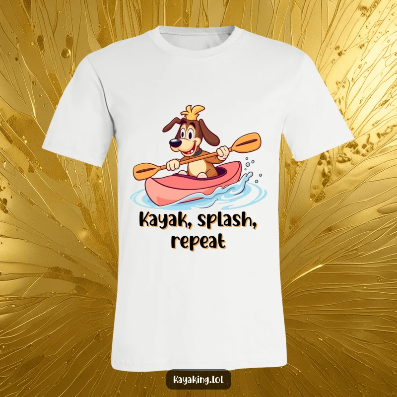Funny T-Shirt featuring a goofy dog splashing water with its paddle in a kayak, celebrating aquatic fun.