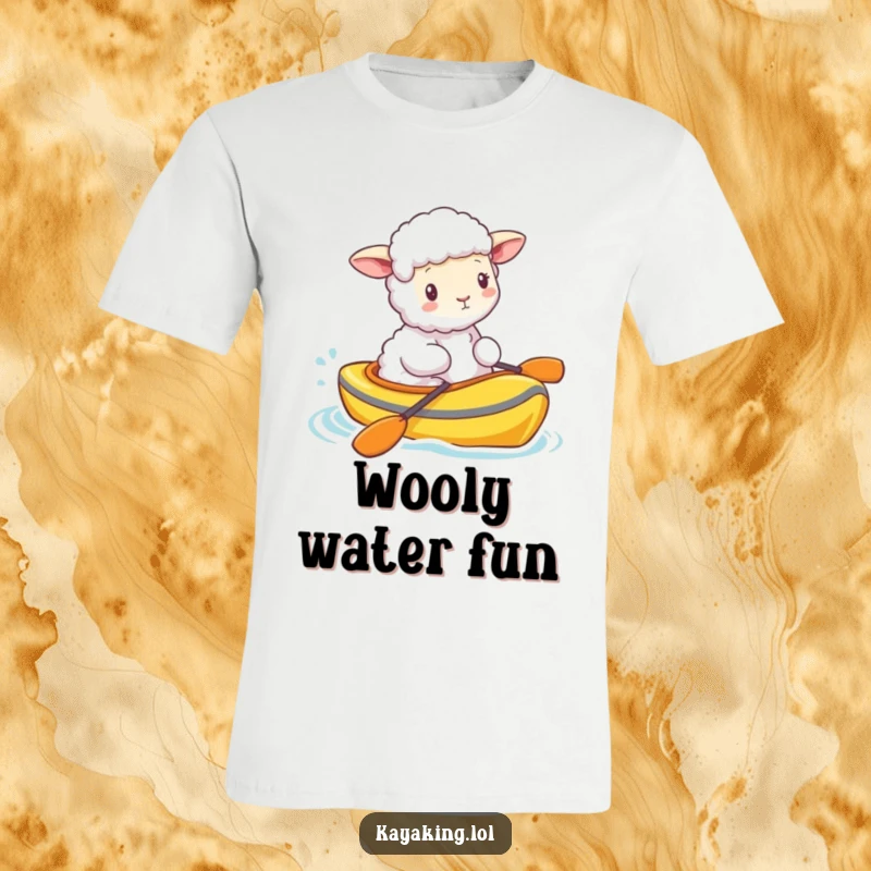 Funny fluffy sheep bobbing along in a brightly colored kayak, showcasing a serene and happy journey. This t-shirt is sheep-ishly cute.