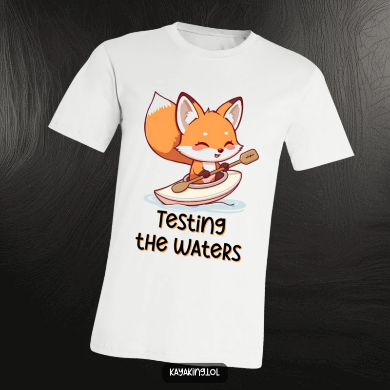 Funny fox kayaking t-shirt, a happy red fox tipping its small kayak, water splashing, enjoying a wild ride, great for outdoor fun.