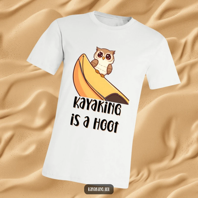 Funny giggling owl peeking over a kayak edge, expressing pure amusement during a water adventure. This t-shirt is for the joyfully eccentric.