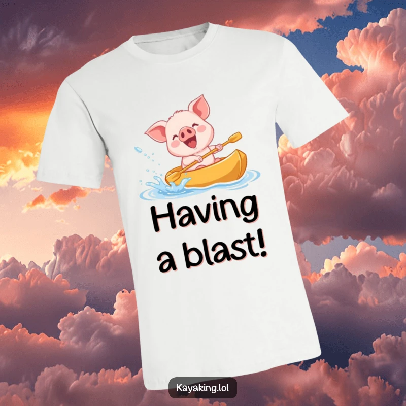 Funny giggling piglet splashing water from a kayak in a t-shirt, a joyful and energetic water-play themed shirt.