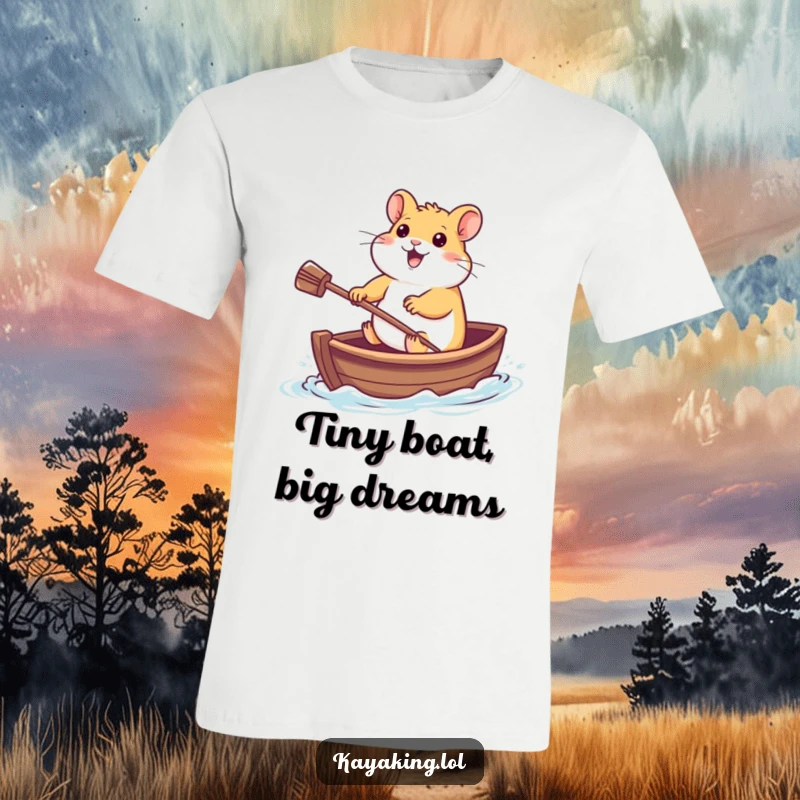 Funny T-Shirt: A cheerful hamster vigorously paddles a tiny boat, a hilarious scene for animal lovers and gift seekers.