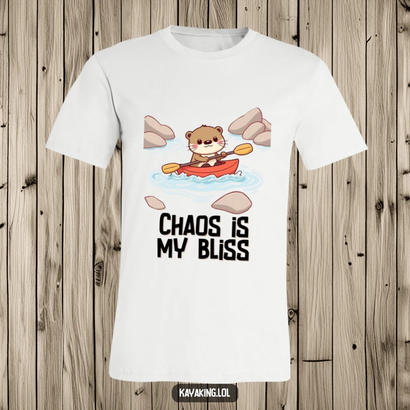 Funny t-shirt depicting a playful otter character expertly navigating rapids in a small kayak, showing focus and fun.