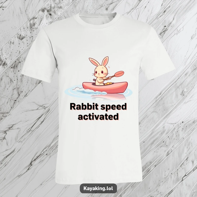Funny rabbit energetically kayaking at high speed across calm water, printed on a fun t-shirt.