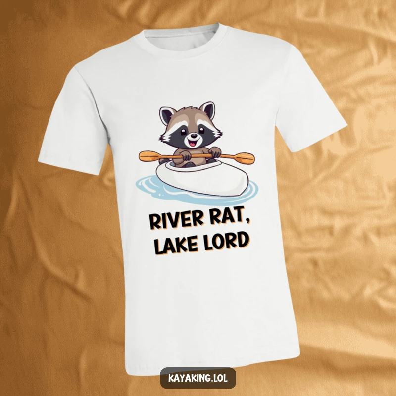 Funny raccoon joyfully paddling a kayak, paw on the paddle, embodying adventure and a happy spirit, perfect for outdoor lovers.