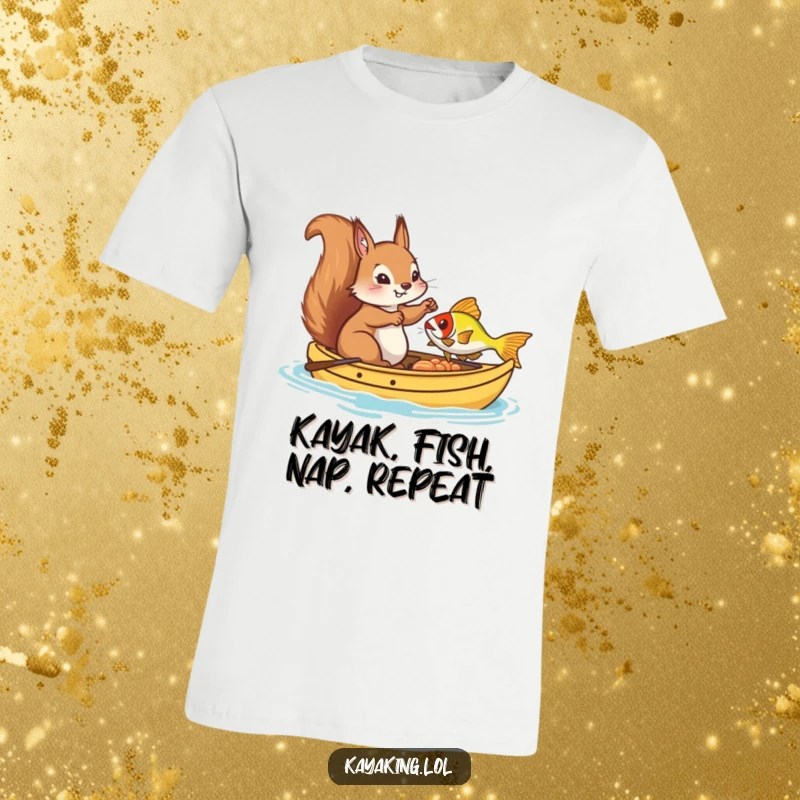 Funny T-Shirt, a silly squirrel in a kayak enthusiastically trying to catch a fish, showcasing outdoor humor and wild antics.