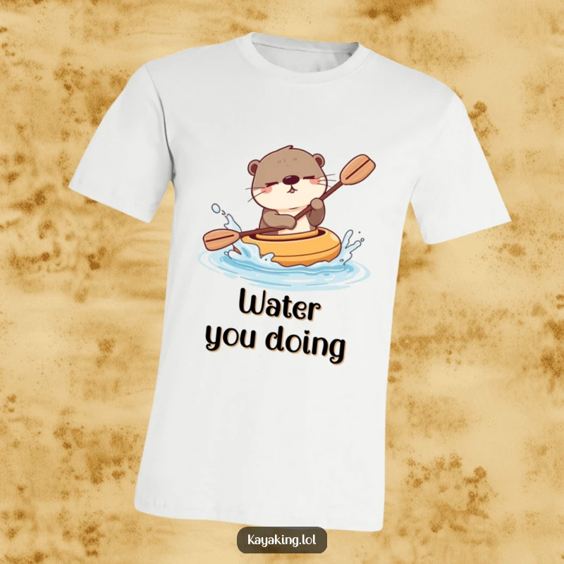 Funny winking otter splashing water playfully from its kayak, creating a cheerful and energetic scene. This t-shirt is otter-ly awesome.