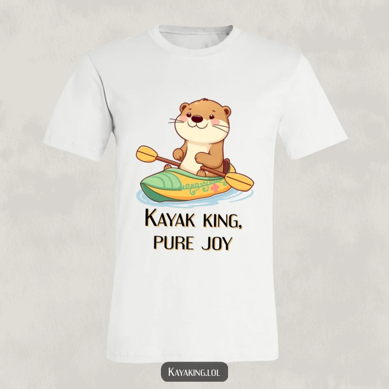Funny t-shirt featuring a grinning otter expertly paddling a decorated kayak, embodying fun, adventure, and aquatic happiness.