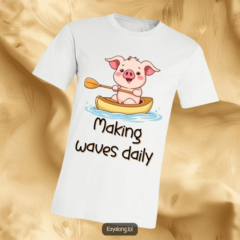 Funny kayaking pig t-shirt, happily paddling a kayak with a paddle. Whimsical and adventurous design. Ideal gift.