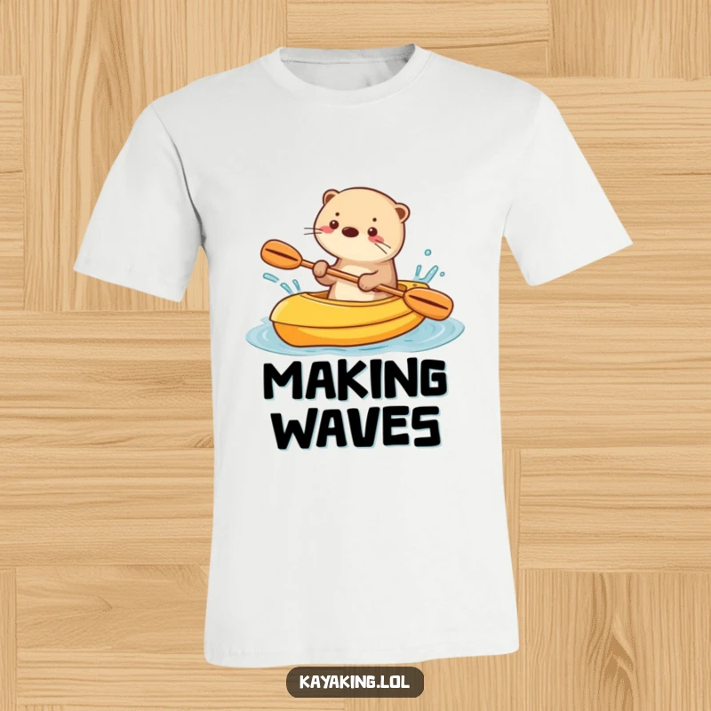 Funny t-shirt featuring a playful otter splashing water with glee while riding in a kayak.