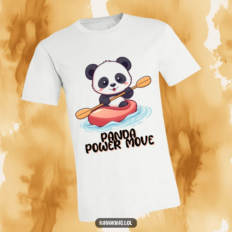 Funny panda kayaking t-shirt depicts a confident panda successfully navigating a kayak with a resolute and determined expression.