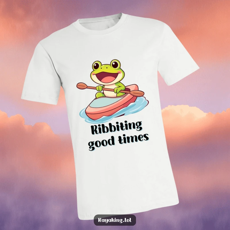 Funny t-shirt depicting a happy frog character paddling a kayak with a wide, excited grin, enjoying the water.