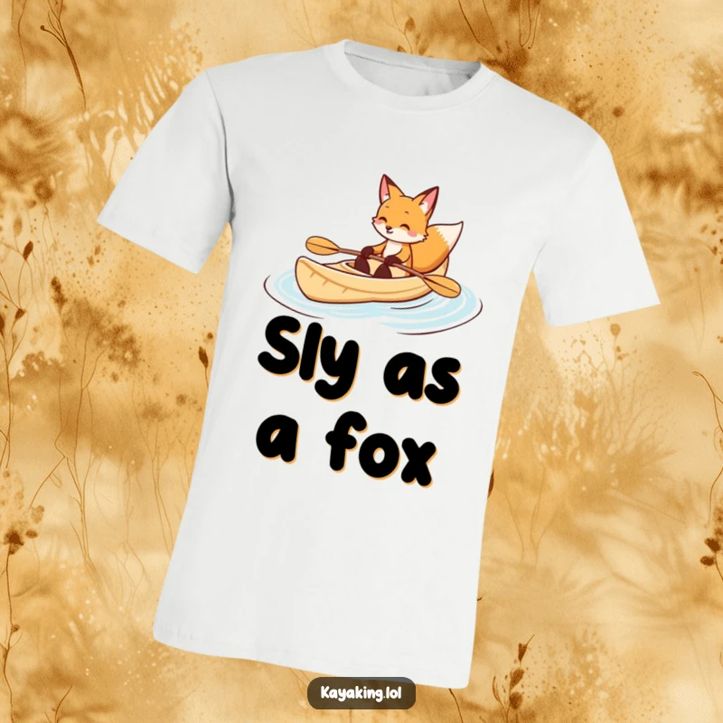 Funny fox kayaking t-shirt displays a smiling fox gracefully steering a kayak through gentle waves, embodying peaceful adventure.