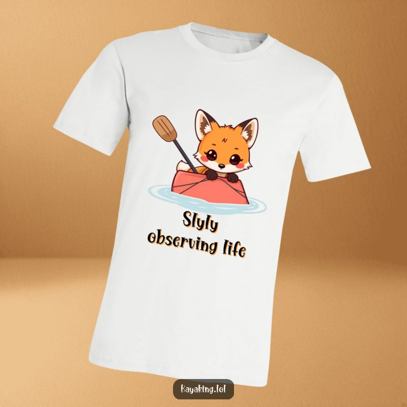 Funny t-shirt featuring a curious fox peeking over the side of a kayak, observing the surroundings with intrigue.