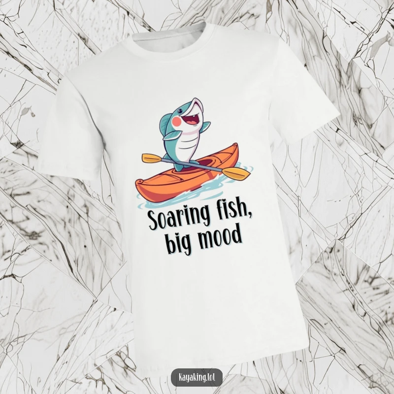 Funny fish kayak t-shirt featuring a fish leaping joyfully from a kayak, celebrating the thrill of the catch with humor.