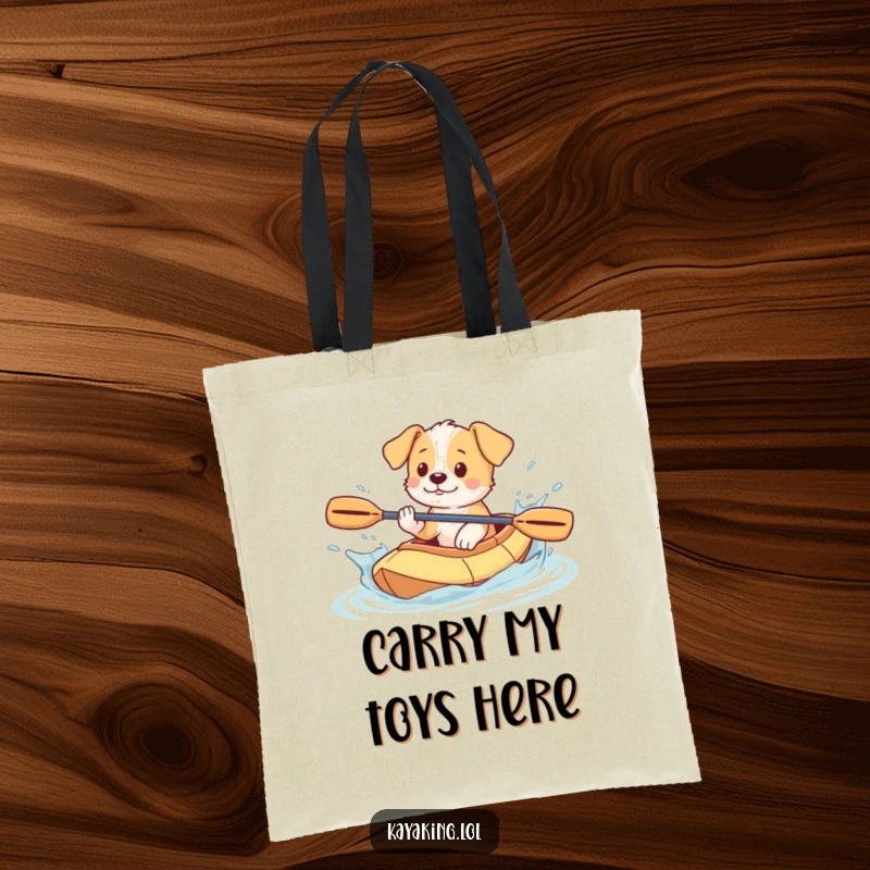 Funny Puppy Tote Bag: Playful puppy splashing water from a kayak, a humorous and practical accessory.