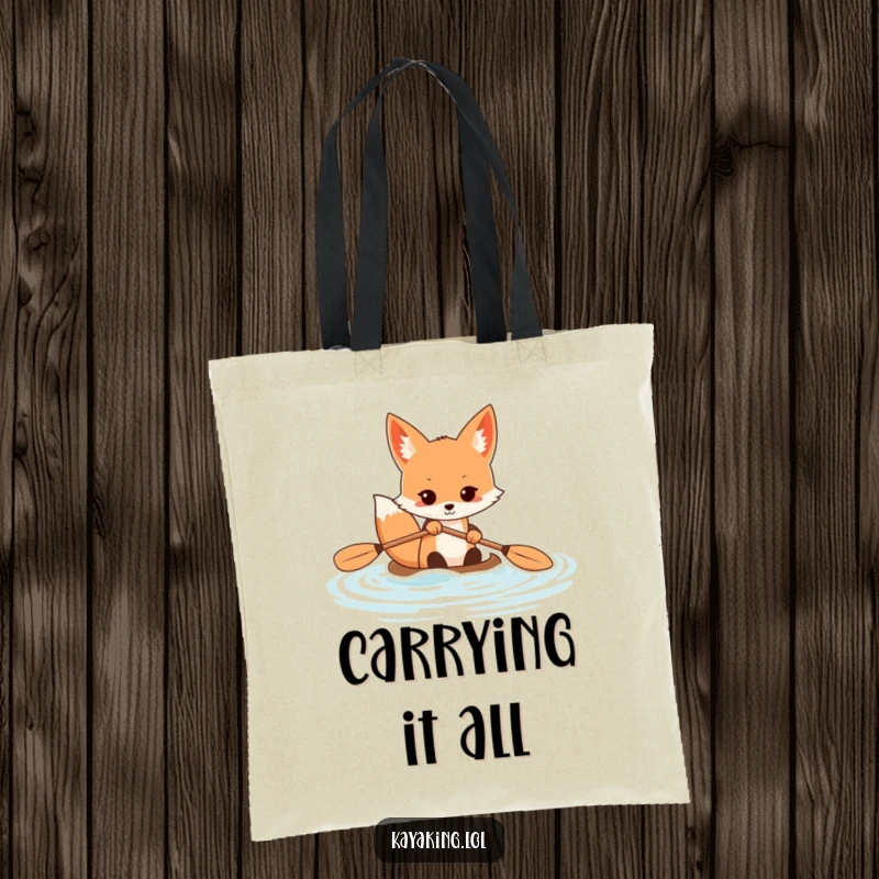 Funny fox tote bag featuring a determined animal vigorously paddling a kayak, embodying focus and outdoor ambition.