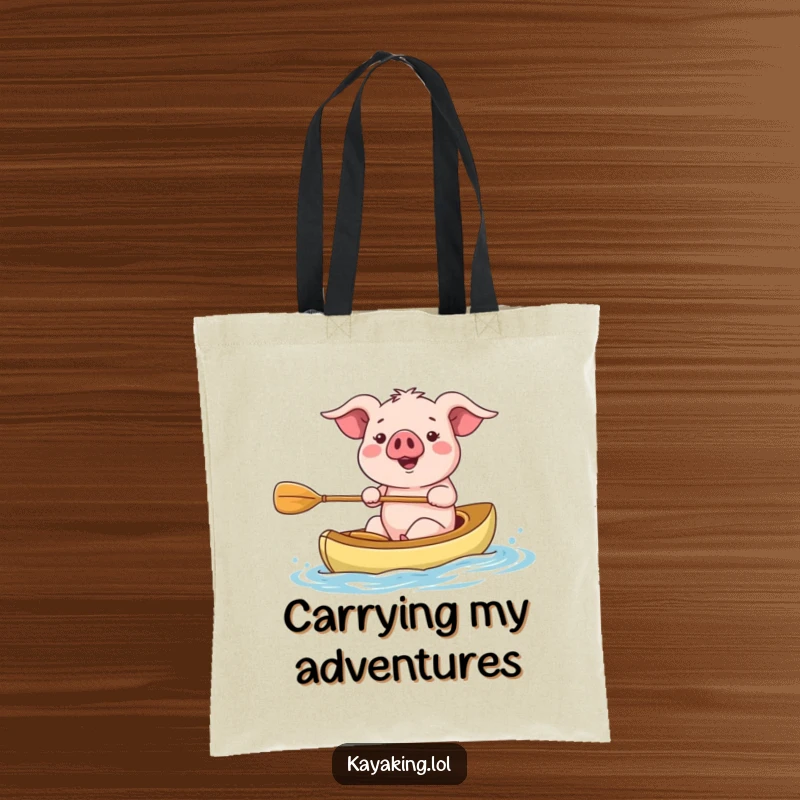 Funny kayaking pig tote bag, happily paddling a kayak. Whimsical and functional accessory. Great gift.