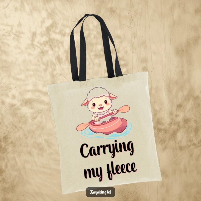 Funny tote bag showing a cheerful sheep grinning while steering its kayak, perfect for carrying essentials on land or water.