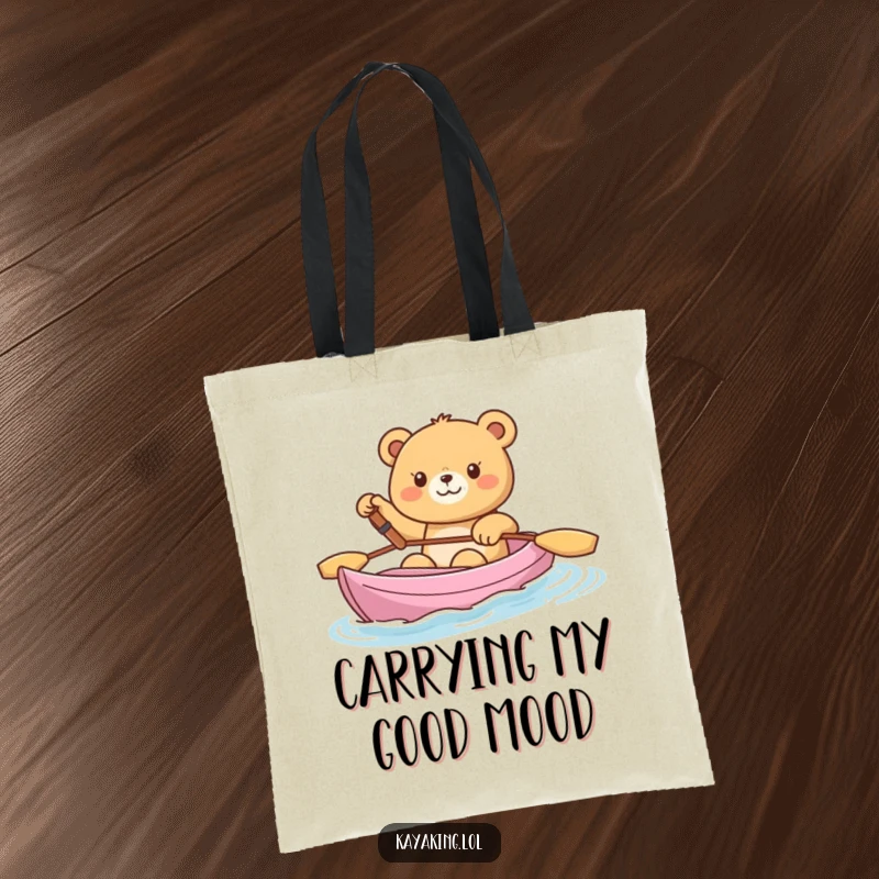 Funny Tote Bag, a happy bear waving from a kayak, showcasing friendly greetings and practical use.