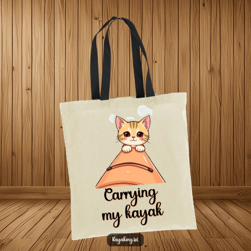 Funny tote bag with a curious cat peeking over the edge of a kayak, a humorous and practical accessory for everyday journeys.