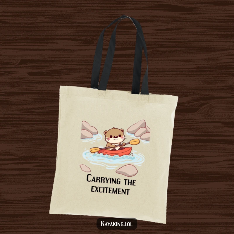 Funny tote bag with a playful otter character kayaking through rapids, looking determined and fun, ready for adventure.