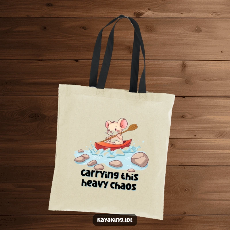 Funny brave mouse navigating rapids in a small kayak on a tote bag, a stylish and adventurous accessory for daily use.