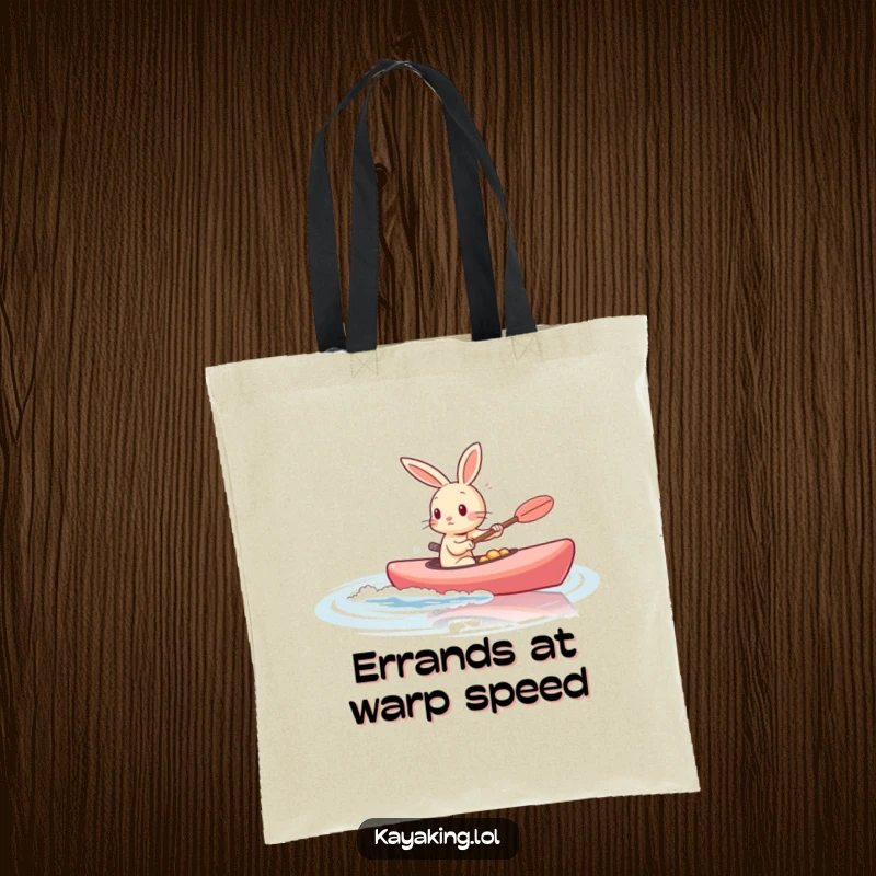 Funny rabbit kayaking swiftly across calm water, featured on a durable tote bag for daily errands.