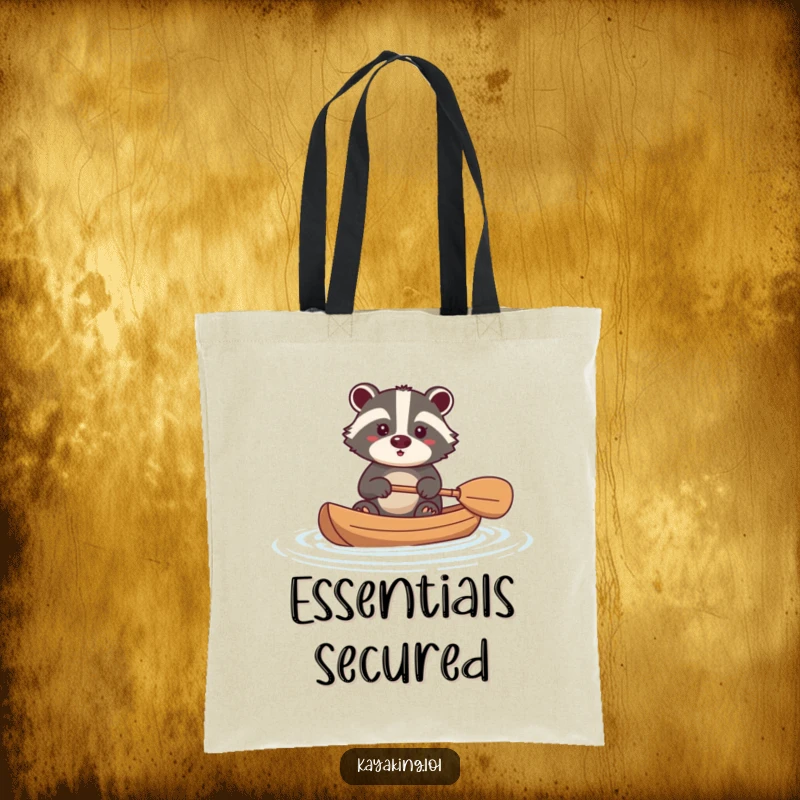 Funny badger tote bag featuring a brave animal navigating a kayak with a paddle, embodying determination and a love for the outdoors.