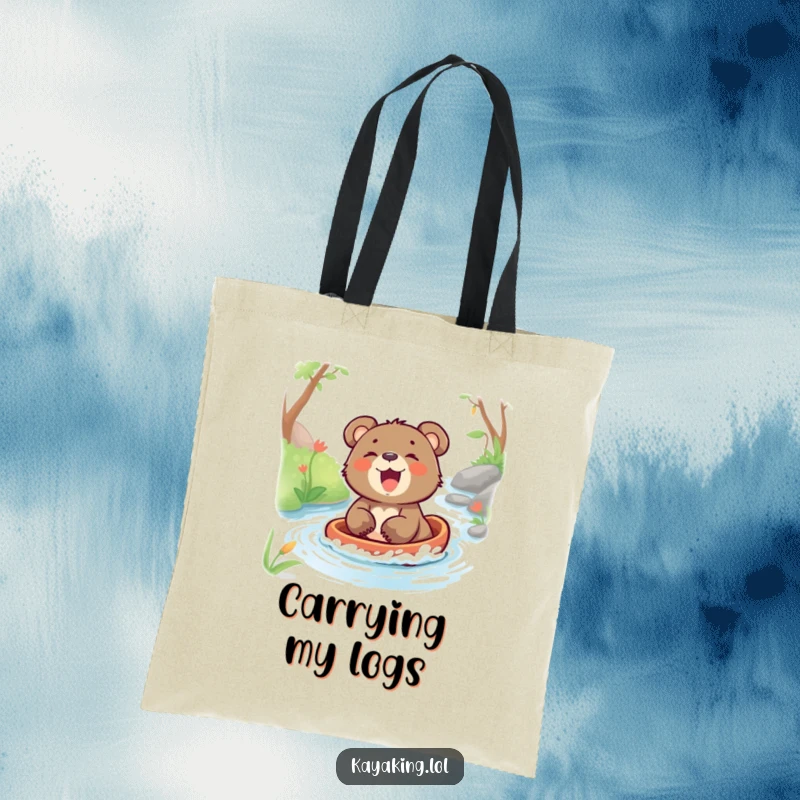 Funny tote bag showing a laughing bear cub enjoying a carefree glide down a peaceful stream, full of delight.