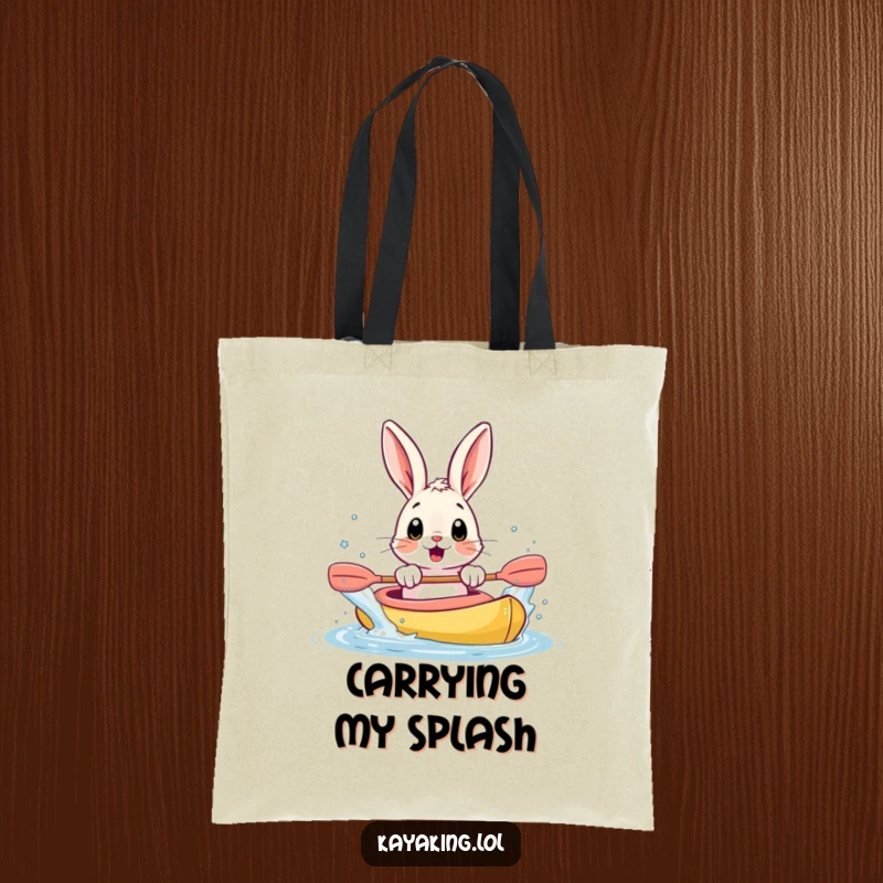 Funny tote bag featuring a surprised bunny splashing water from a kayak with its paws, a practical and amusing accessory.
