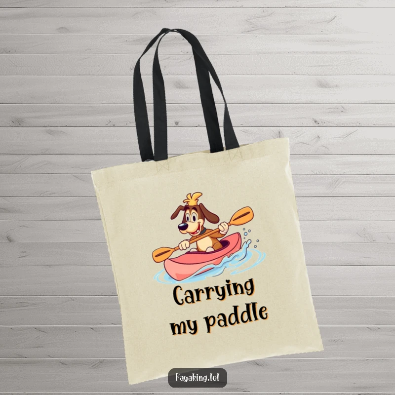Funny Tote Bag featuring a goofy dog splashing water with a paddle in a kayak, a practical and amusing accessory.
