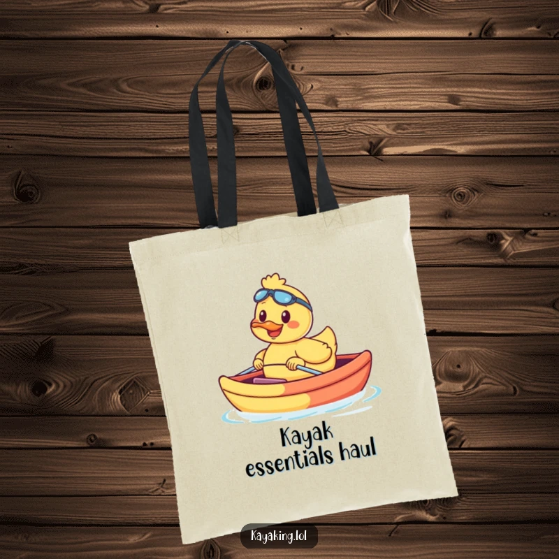 Funny smiling duck calmly floating in a rainbow-colored kayak, perfect for market runs and errands. A practical delight.