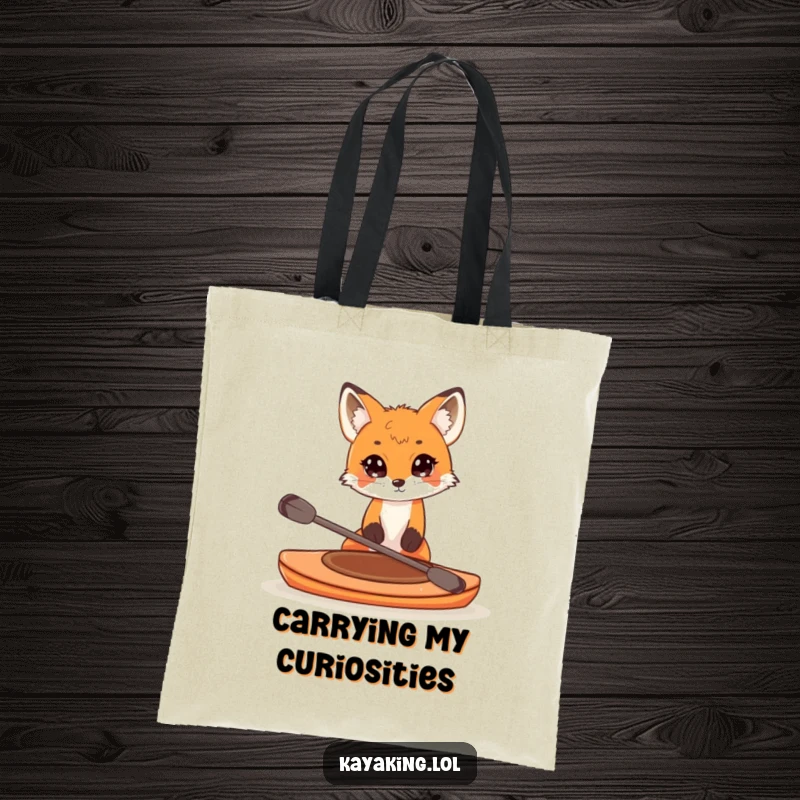 Funny tote bag featuring a curious fox peering over the edge of a small kayak, perfect for carrying daily essentials with a touch of mystery.