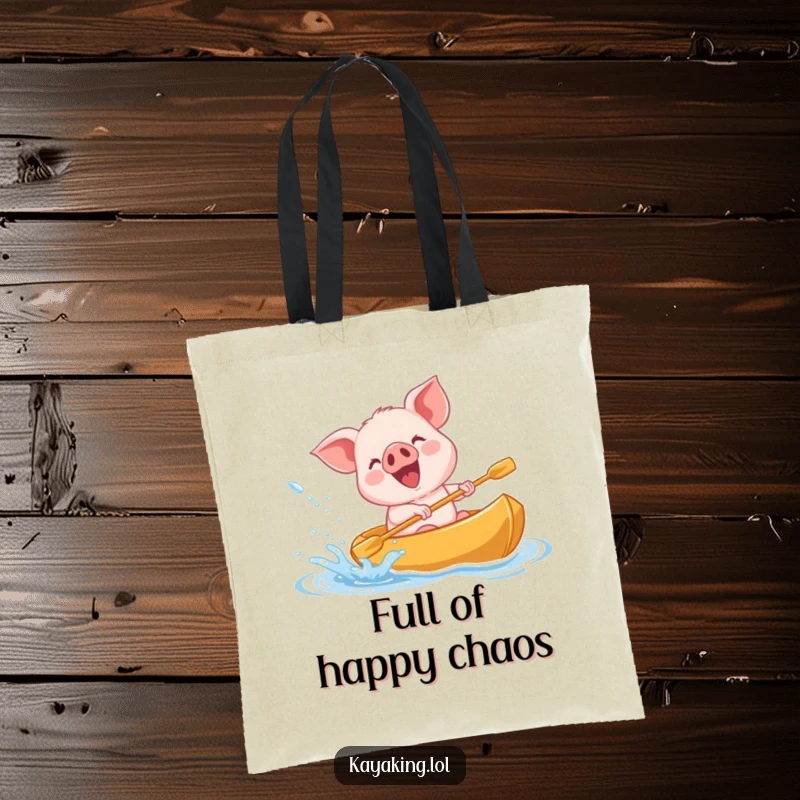 Funny giggling piglet splashing water from a kayak on a tote bag, a fun and practical accessory for water lovers.