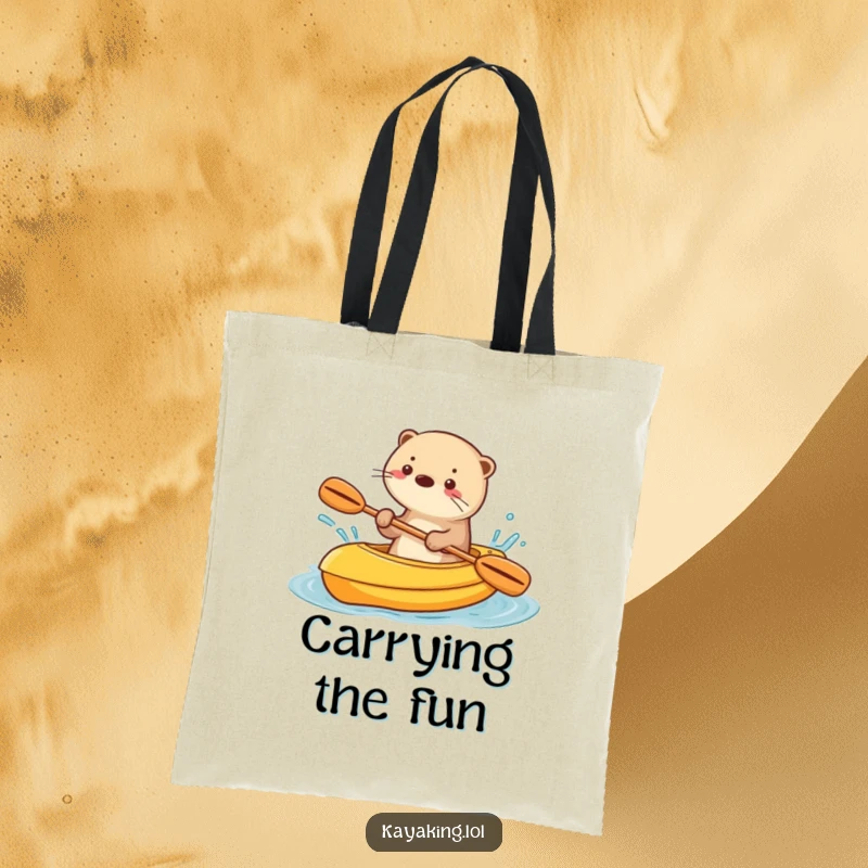 Funny tote bag showing a playful otter splashing water enthusiastically from a kayak, perfect for errands.
