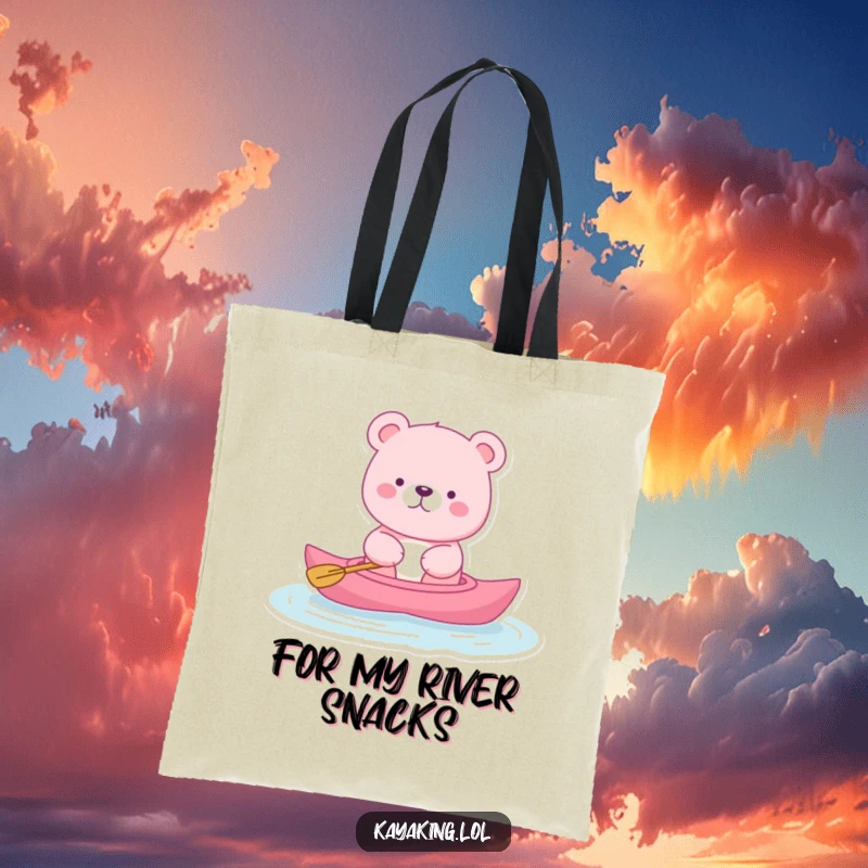 Funny pink bear tote bag with a bear floating serenely in a kayak, exuding peaceful charm and infectious humor, a cute accessory.