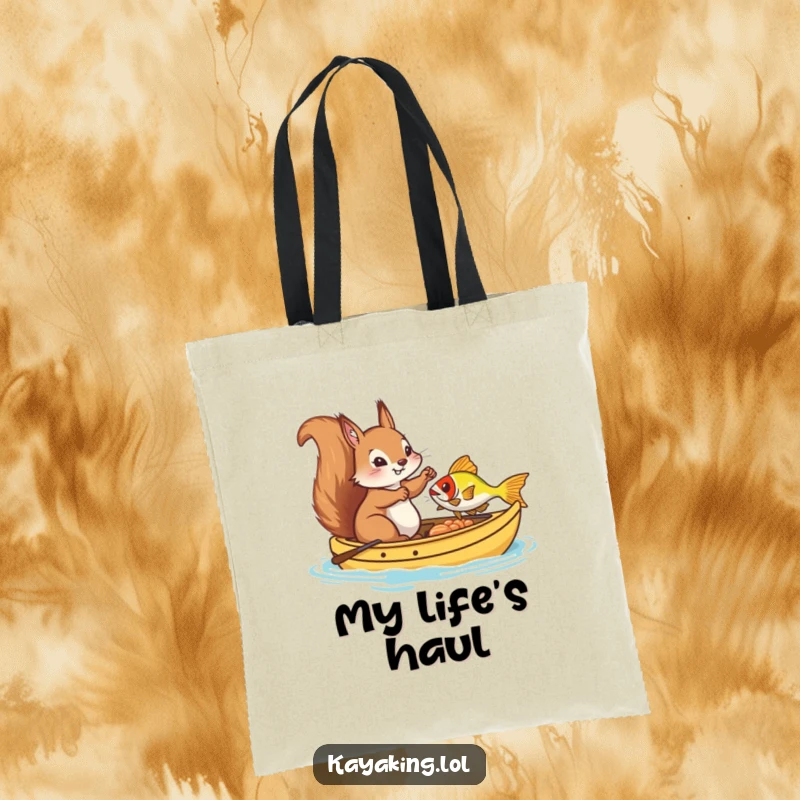 Funny Tote Bag, a determined squirrel attempting to fish from a kayak, showcasing a humorous outdoor scene and practical use.