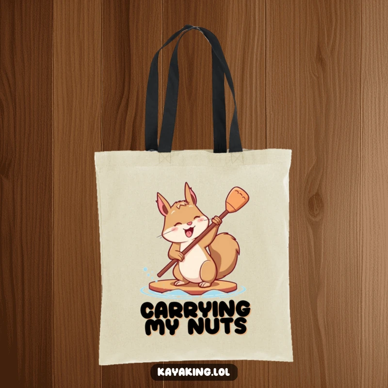 Funny tote bag showing a determined squirrel mid-paddle flip with playful effort, perfect for carrying items with purpose.
