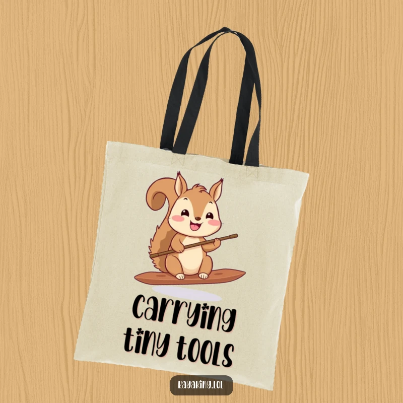 Funny squirrel paddling tote bag, a happy squirrel holding a tiny paddle, durable and stylish for everyday use.